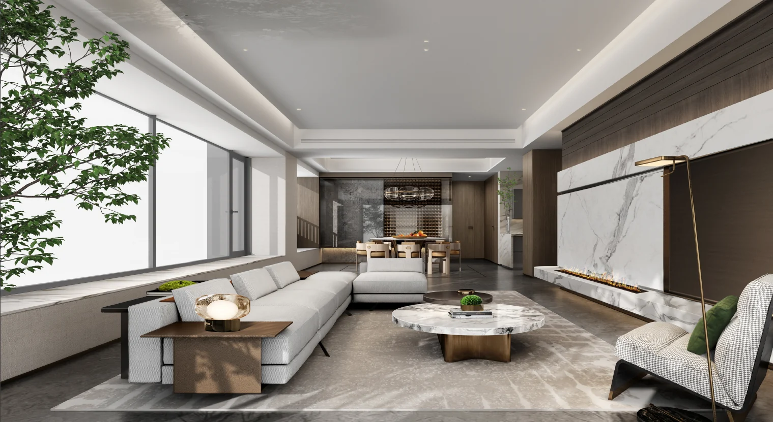 Phòng khách với vật liệu phân lớp — Design visualisation